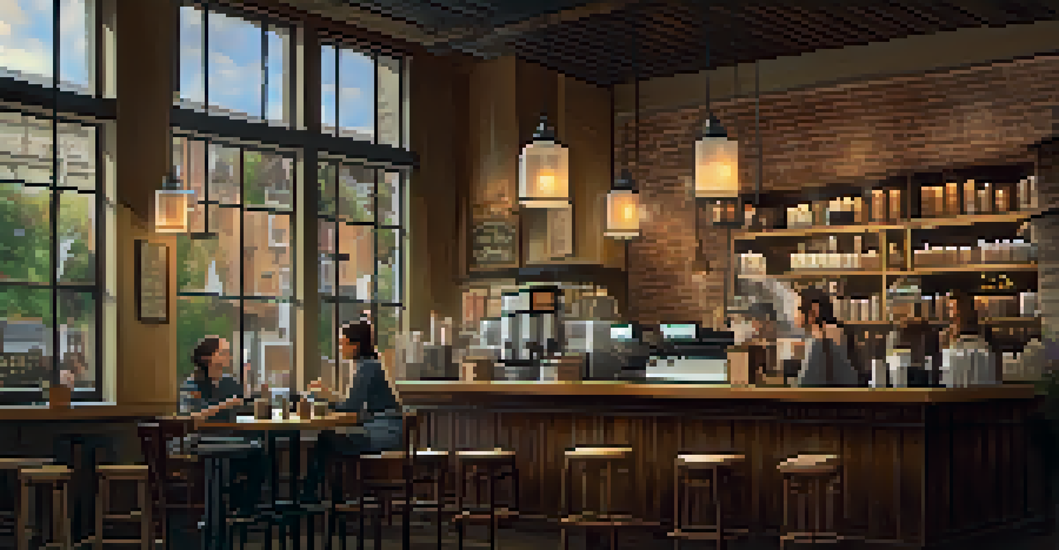 A cozy coffee shop with rustic decor and a barista preparing coffee.