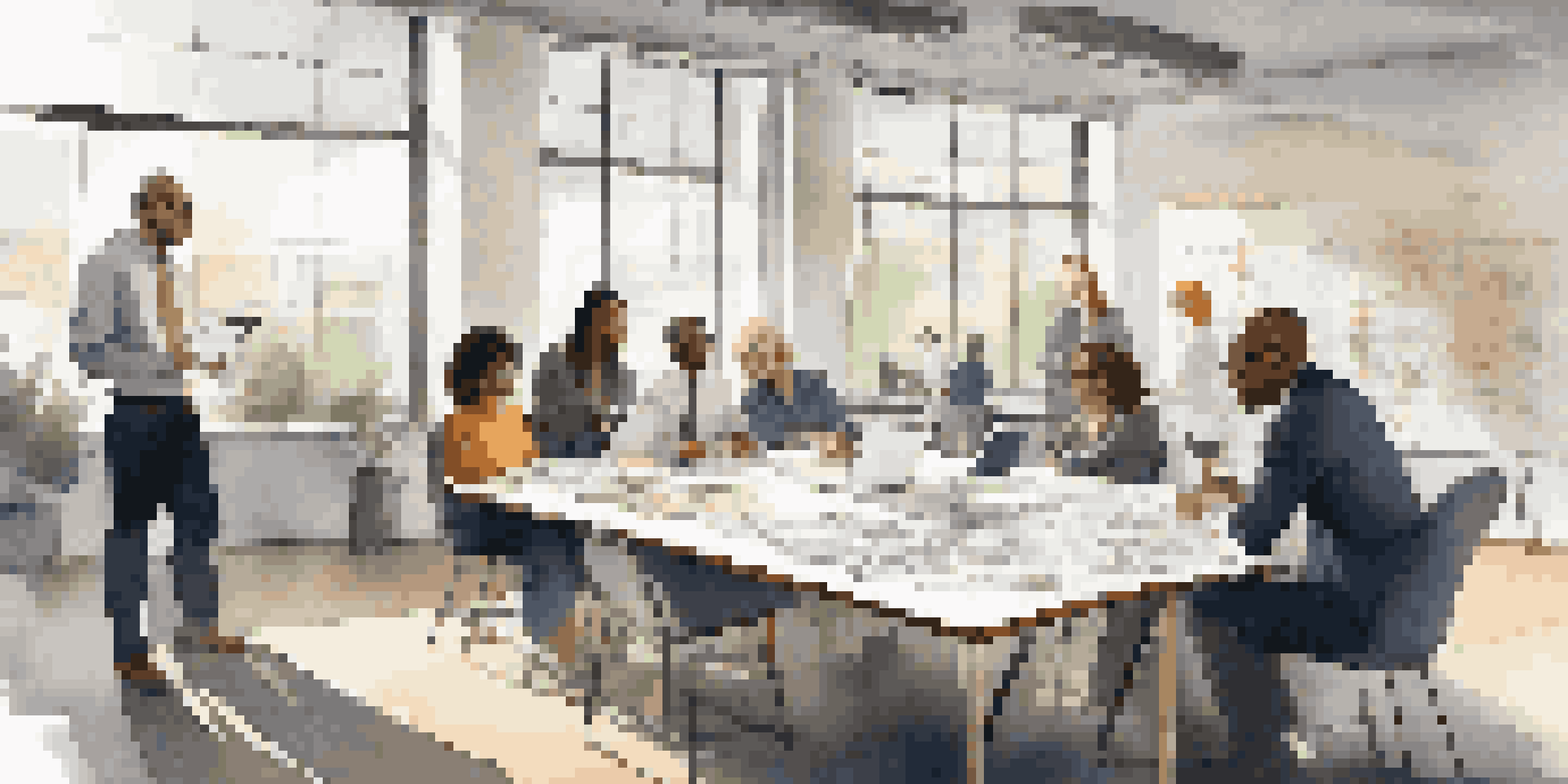 A diverse group of professionals collaborating in a modern office, discussing scenario planning with papers and devices on the table.
