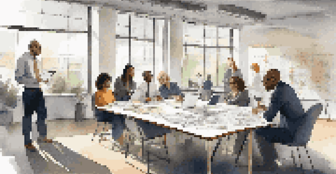 A diverse group of professionals collaborating in a modern office, discussing scenario planning with papers and devices on the table.