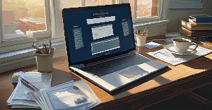 A wooden desk filled with financial documents, a laptop showing graphs, a calculator, and a coffee cup, under warm natural light.
