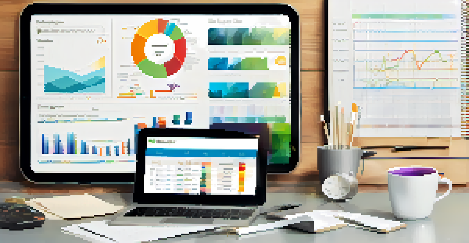 A digital tablet displaying colorful performance metrics in a cozy workspace with a coffee cup.