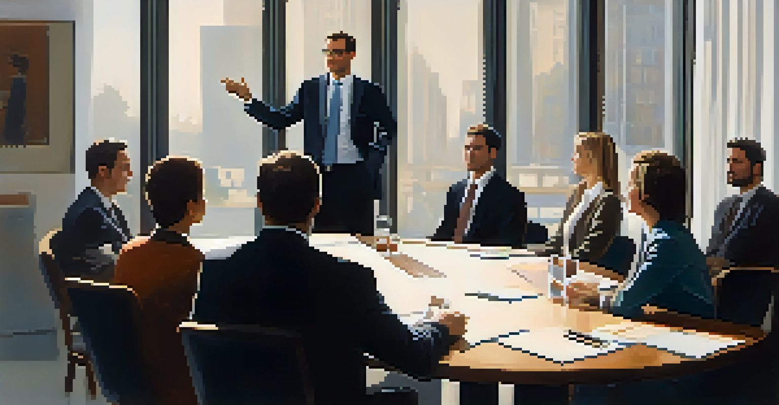 A confident presenter at a negotiation table using hand gestures, with attentive listeners around.