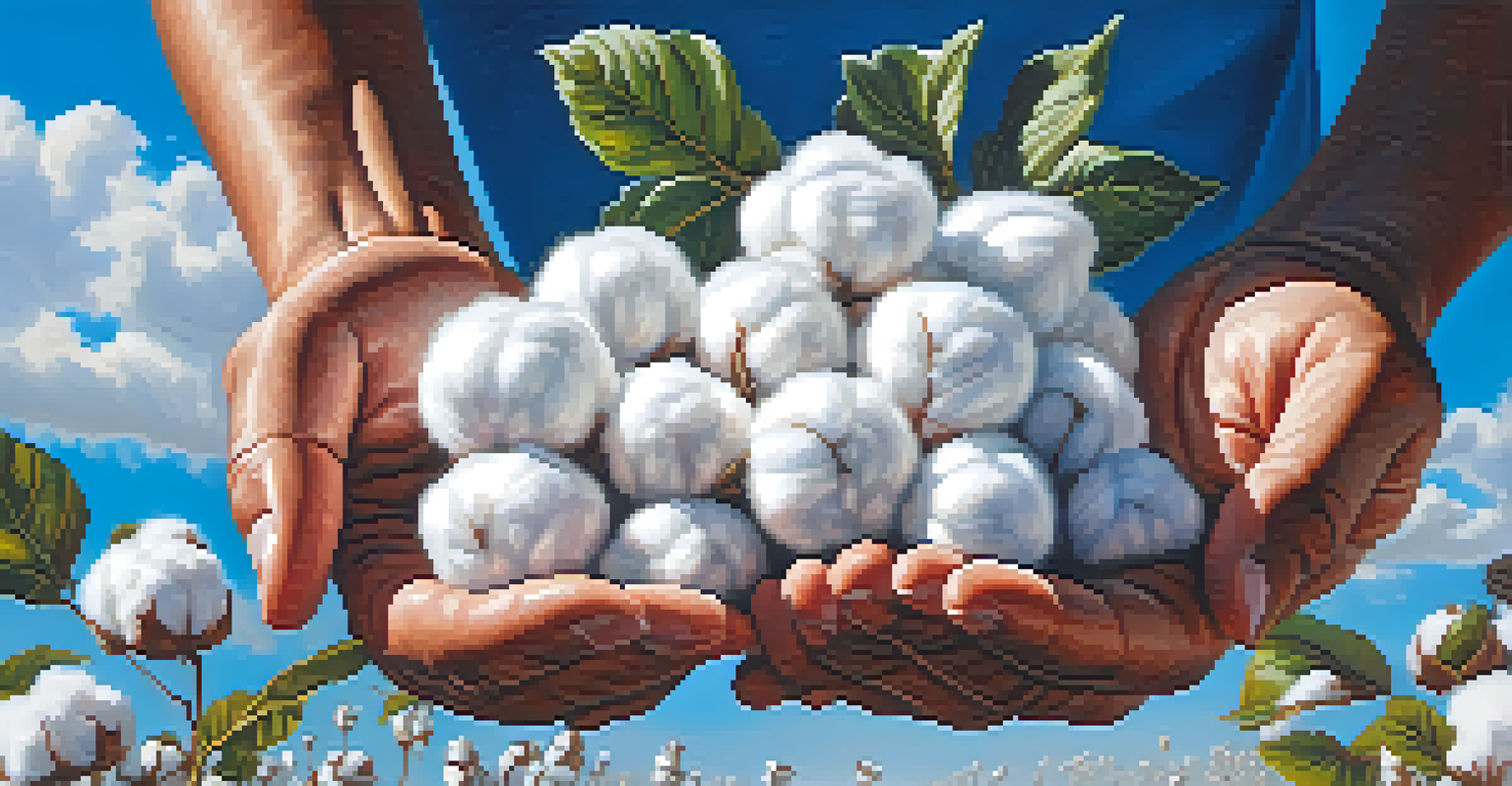 Close-up of hands holding organic cotton in a bright cotton field, symbolizing sustainability.