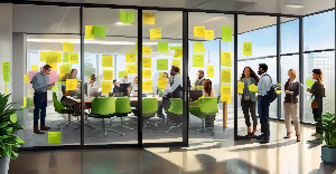 A diverse group of employees working together in a bright office, surrounded by colorful post-it notes and natural light.