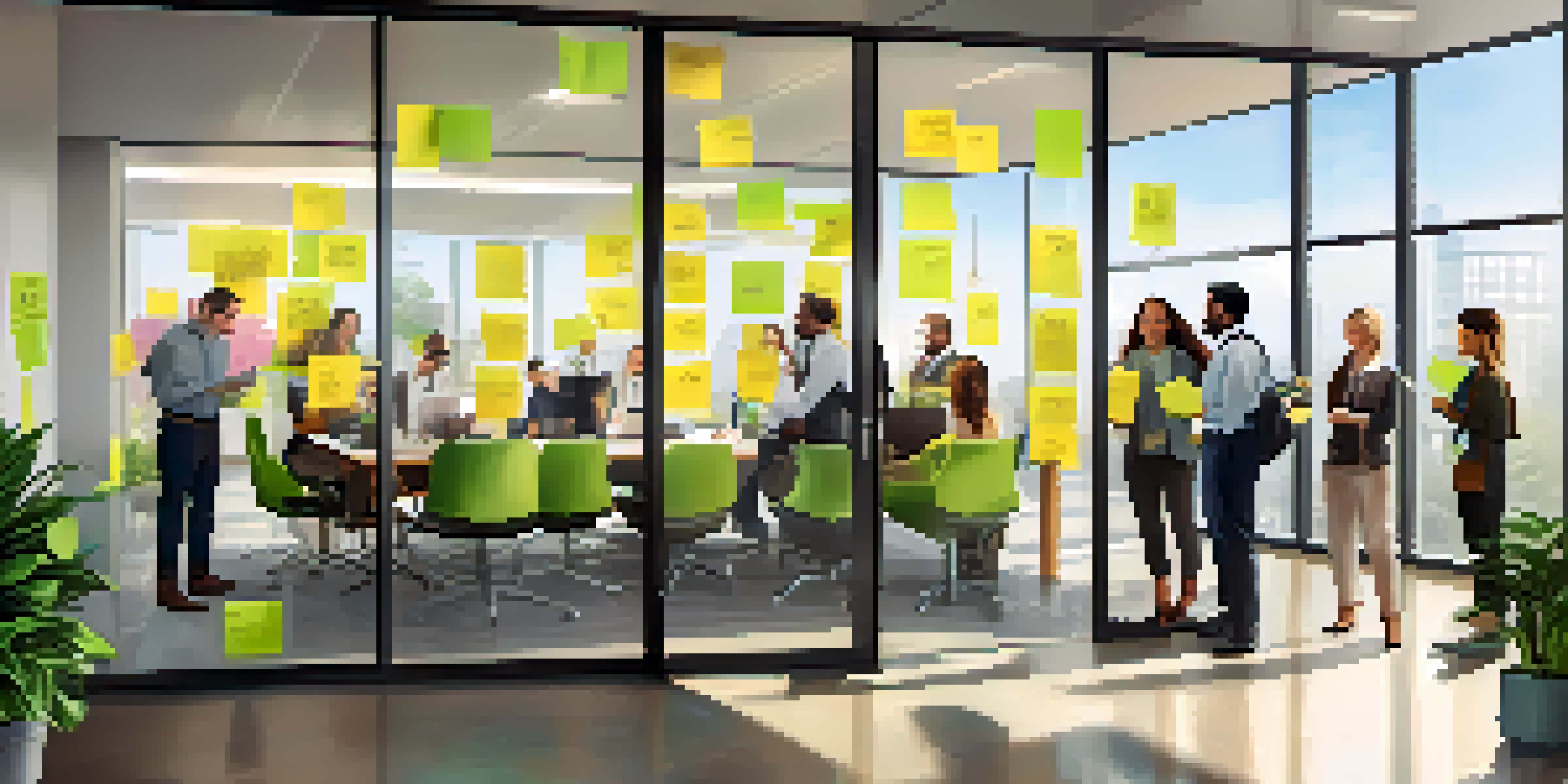A diverse group of employees working together in a bright office, surrounded by colorful post-it notes and natural light.