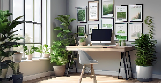 A bright and modern office with a large window, sleek desk, and motivational posters.