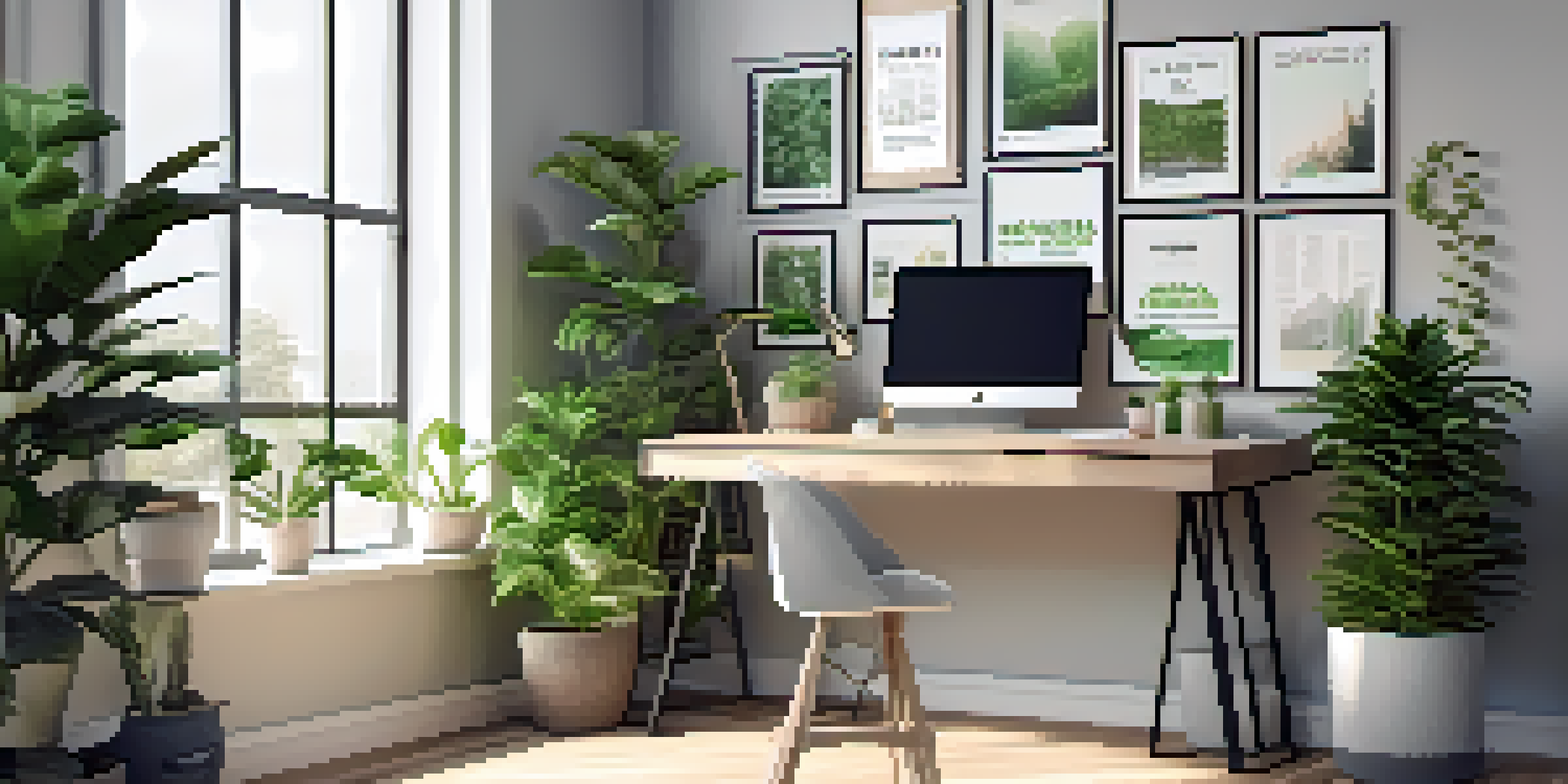 A bright and modern office with a large window, sleek desk, and motivational posters.