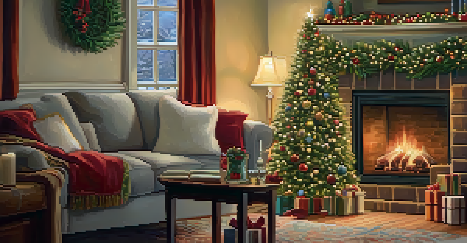 A festive living room decorated for Christmas with a tree, fireplace, and snowy window view.