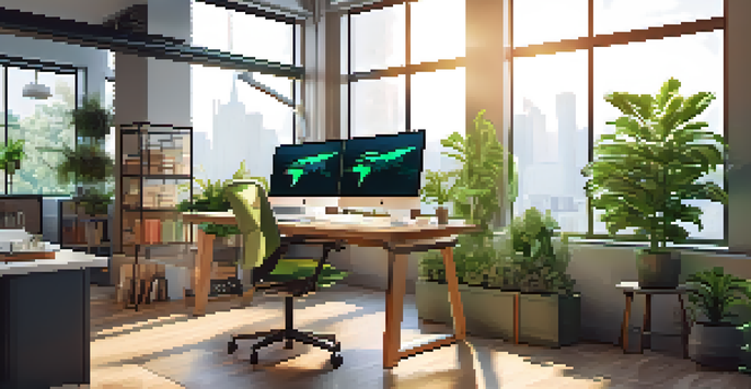A modern office workspace with dual monitors showing digital marketing metrics, natural light, and green plants.