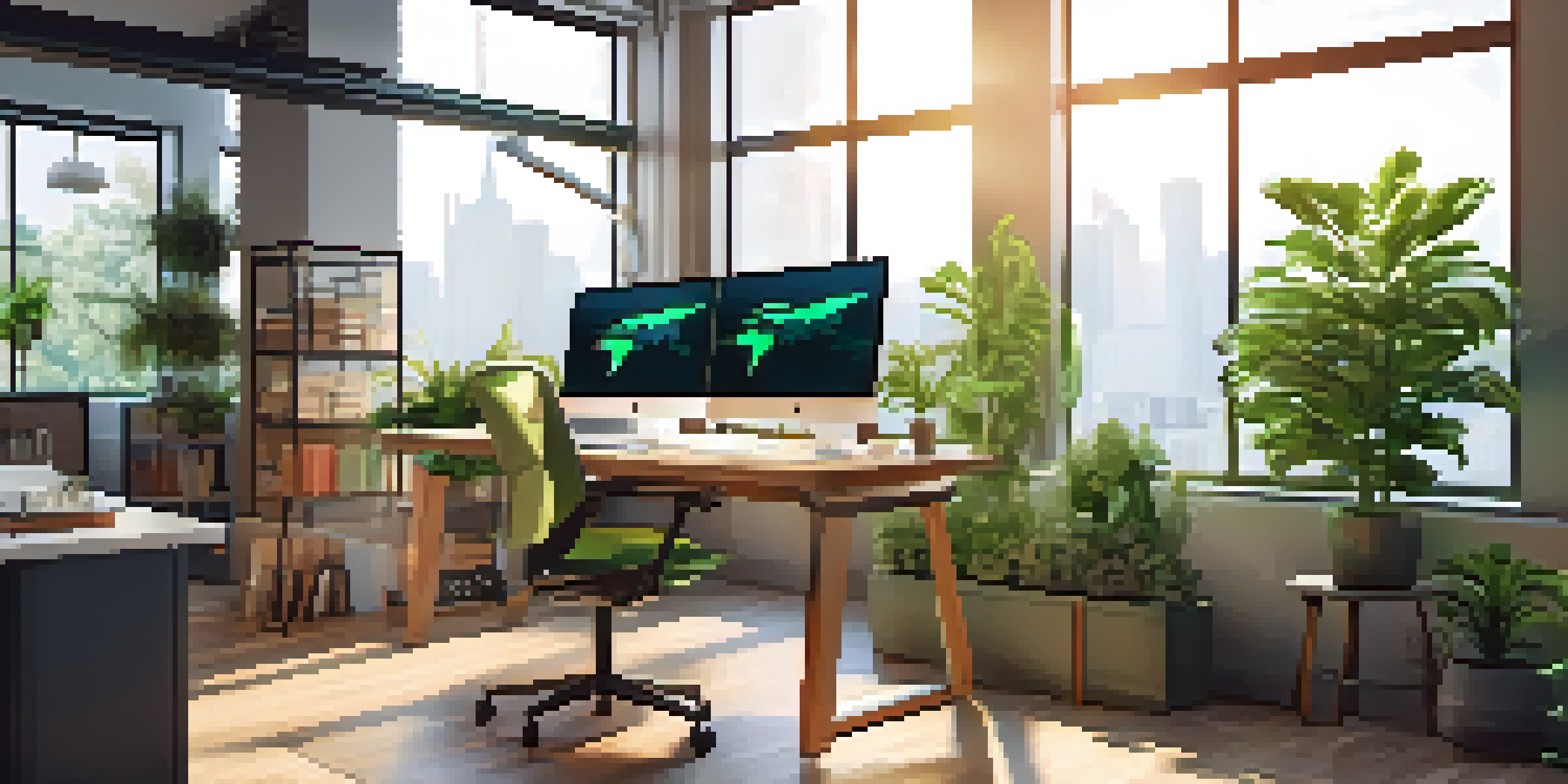 A modern office workspace with dual monitors showing digital marketing metrics, natural light, and green plants.