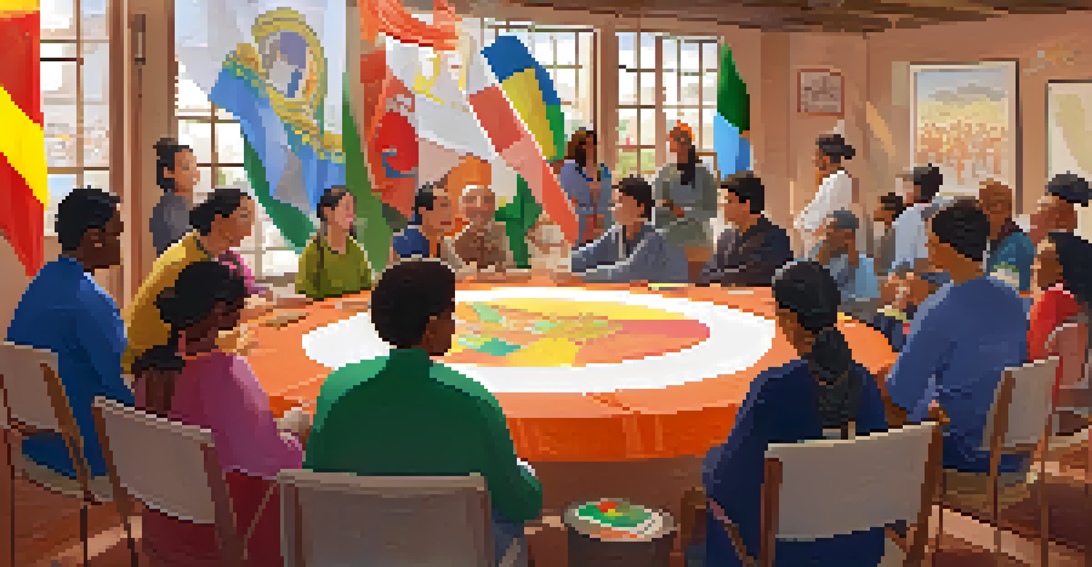 A group of diverse individuals participating in a cultural awareness workshop in a welcoming meeting space, with flags in the background.