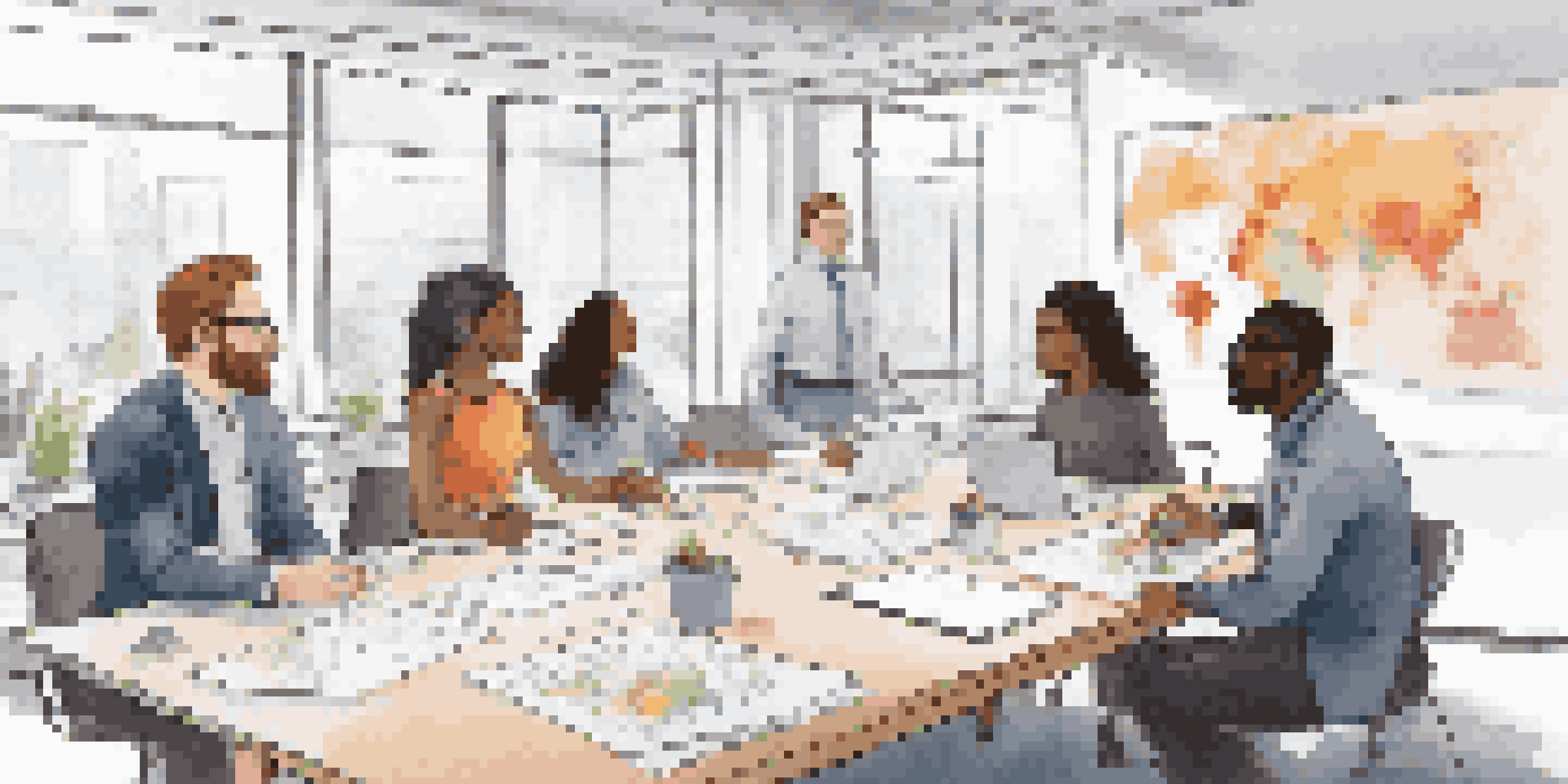A diverse group of professionals collaborating in a bright office setting, discussing crisis management strategies with a whiteboard in the background.