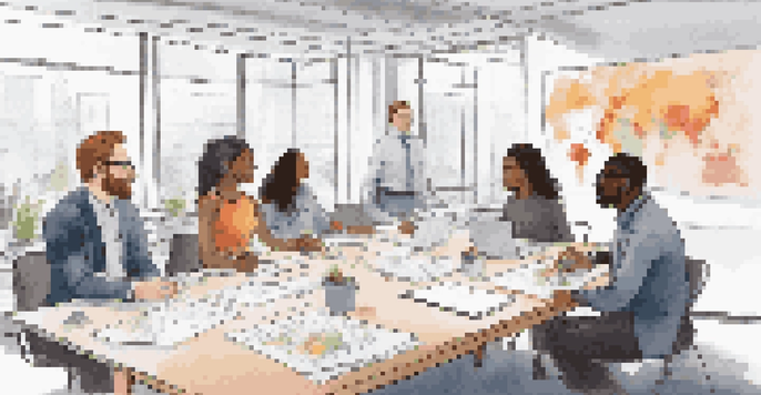 A diverse group of professionals collaborating in a bright office setting, discussing crisis management strategies with a whiteboard in the background.