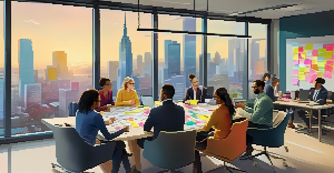 A diverse team collaborating in a modern office setting, surrounded by laptops and colorful sticky notes, with a city view outside.