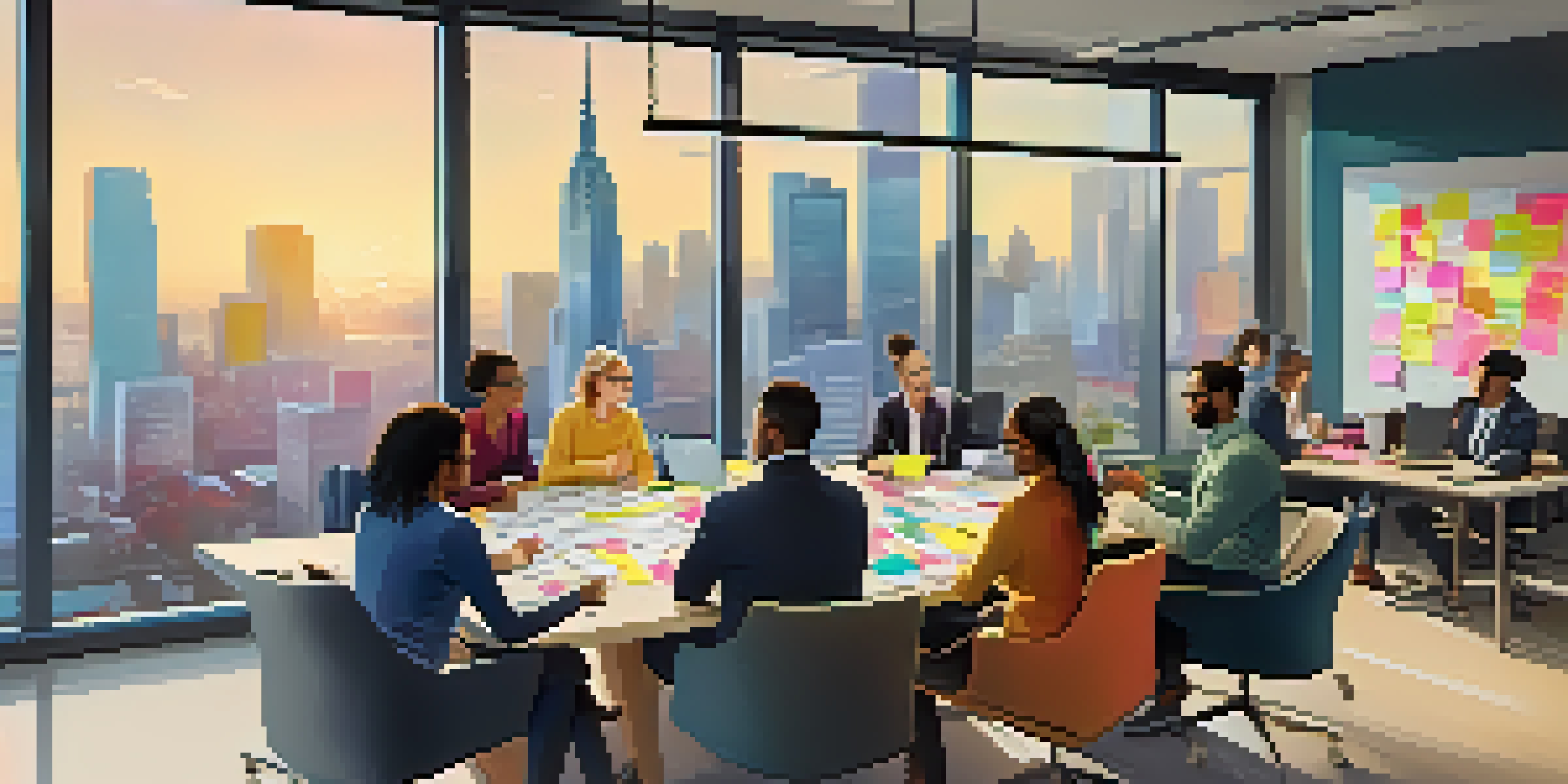 A diverse team collaborating in a modern office setting, surrounded by laptops and colorful sticky notes, with a city view outside.