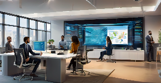 A diverse group of professionals collaborating in a modern office setting, discussing blockchain technology with a digital screen in the background.