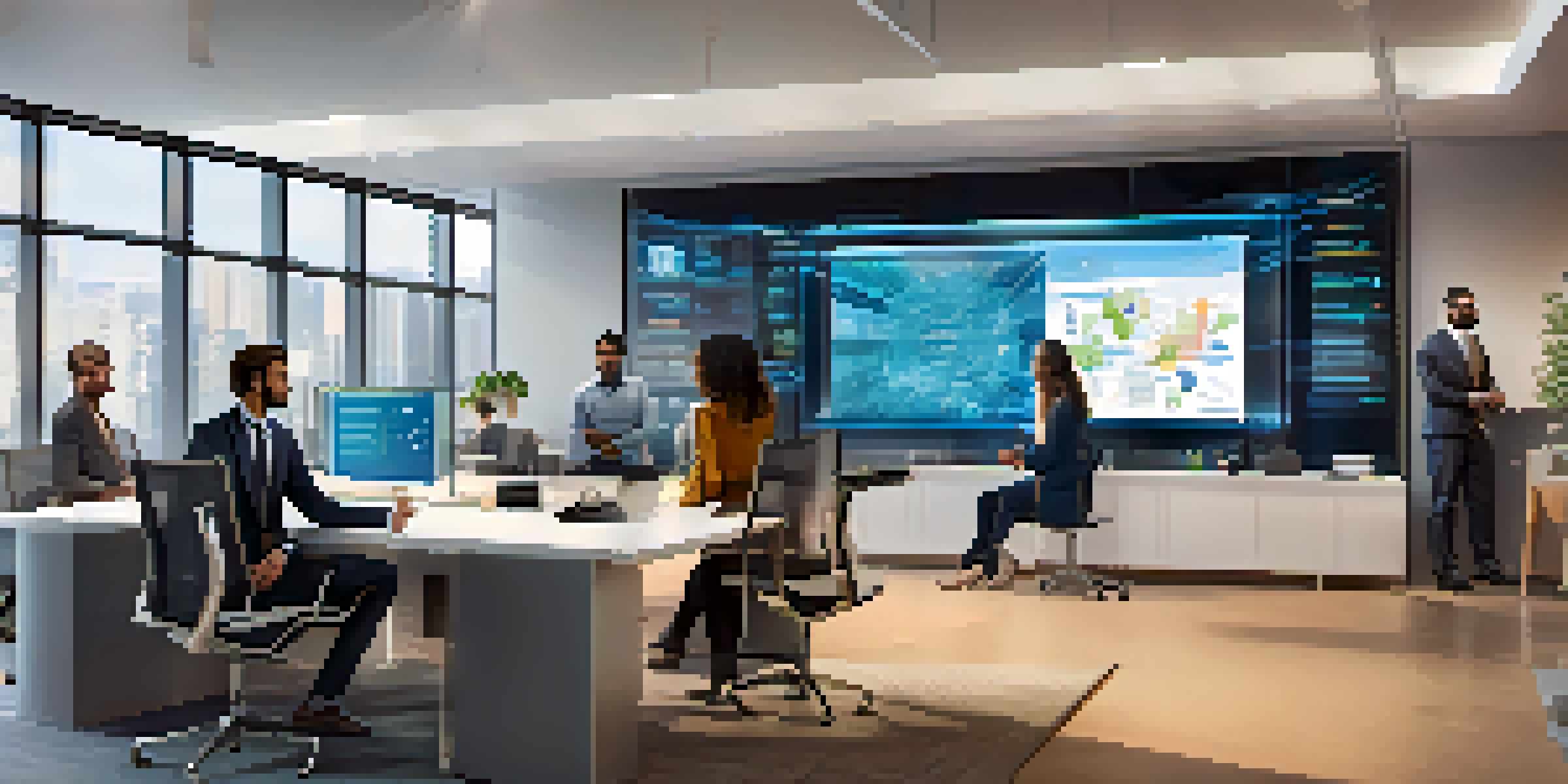A diverse group of professionals collaborating in a modern office setting, discussing blockchain technology with a digital screen in the background.