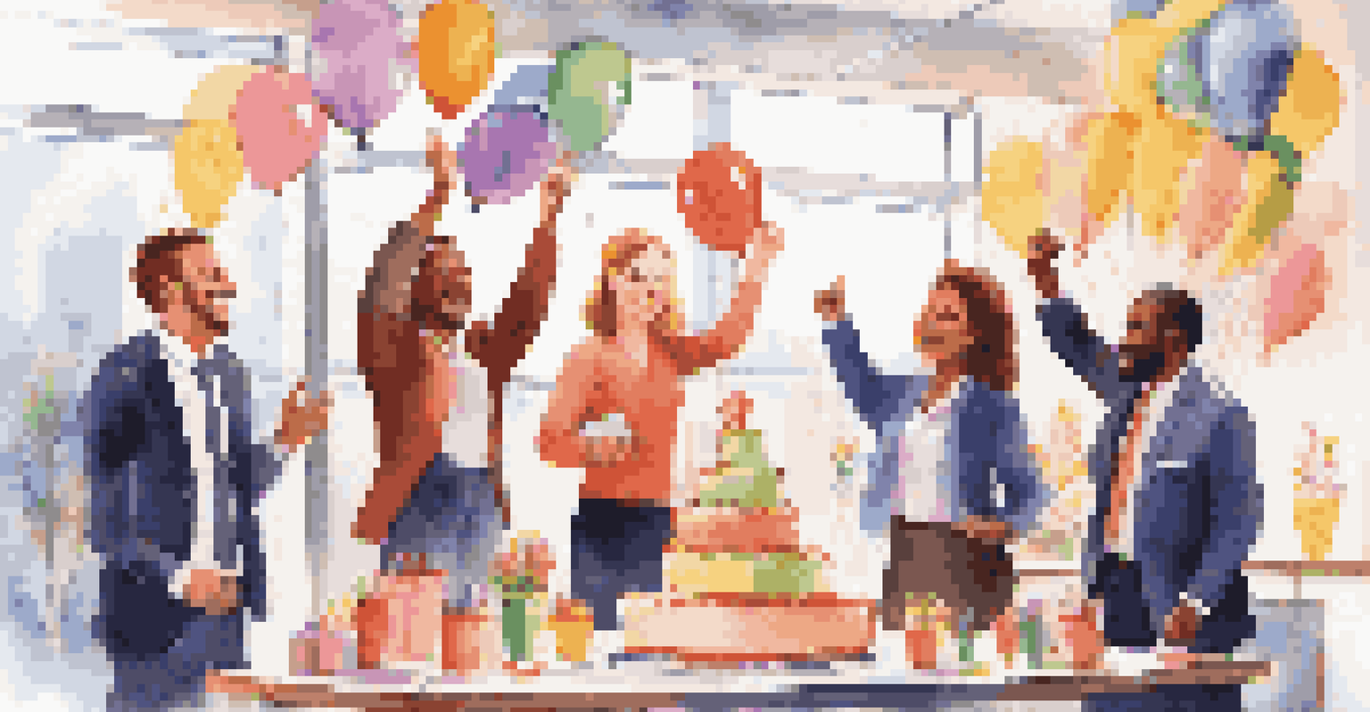 A sales team celebrating success with high-fives and smiles, surrounded by decorations and a cake in an office setting.