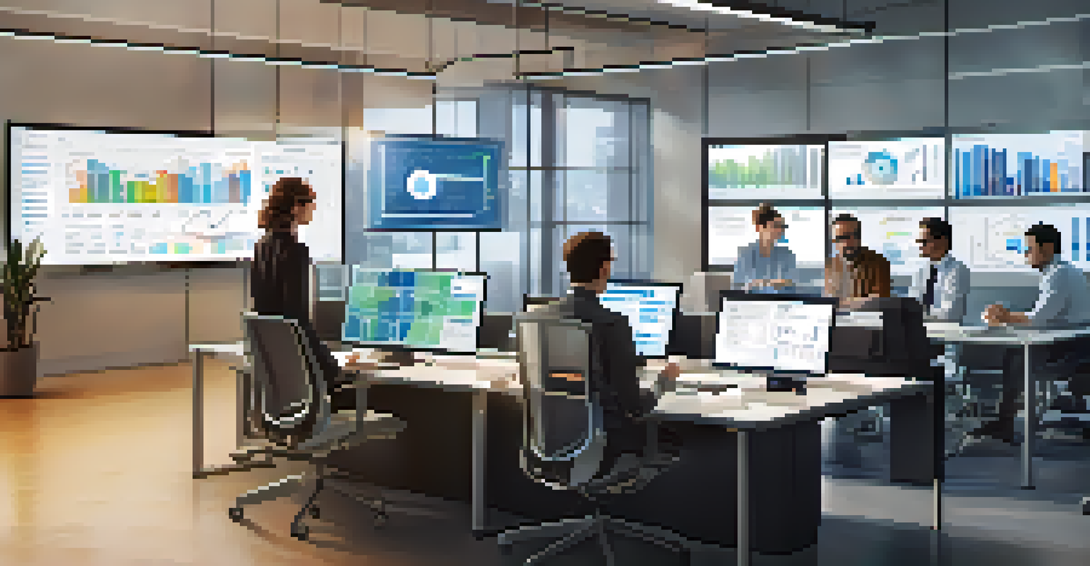A modern office workspace with a screen showing data analytics and a team discussing around a table.