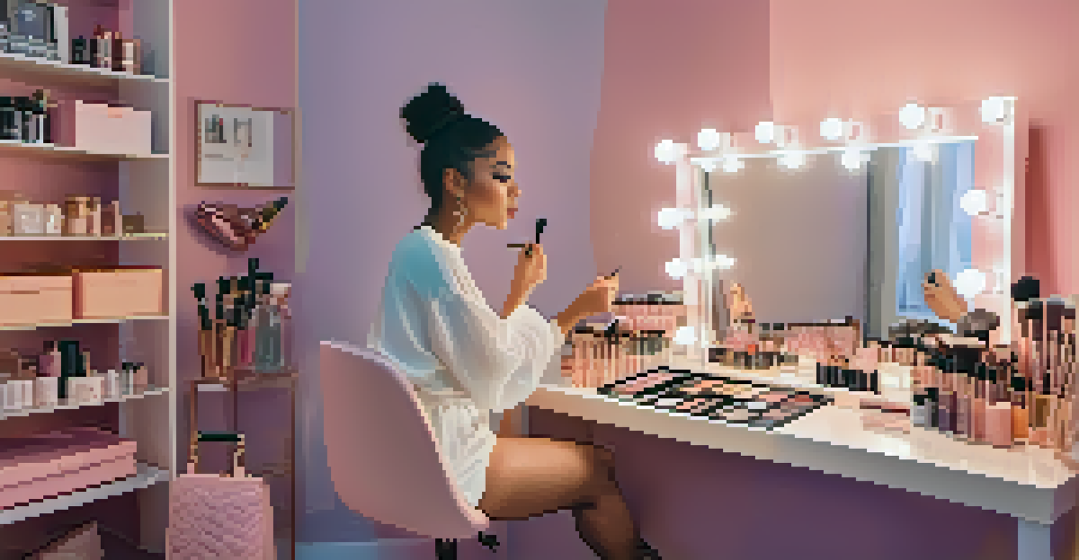 A young influencer filming a makeup tutorial at a stylish vanity, surrounded by makeup products in a pastel-colored room.