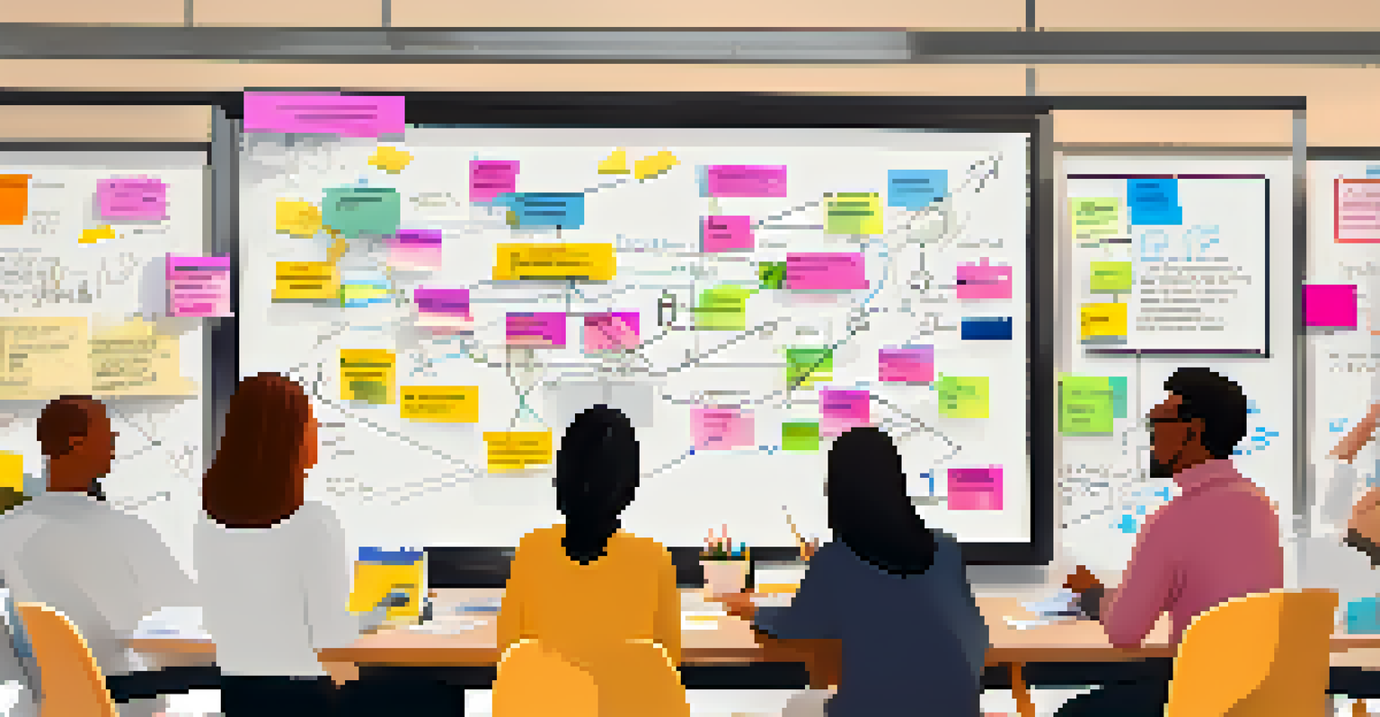 A close-up of a whiteboard covered with colorful sticky notes and diagrams representing SMART objectives, with people collaborating in the background.