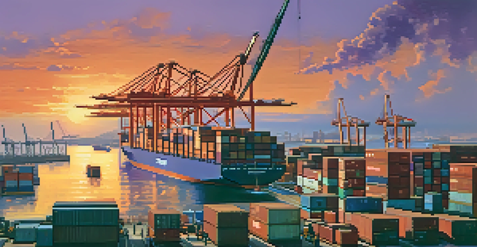 An international trade port at sunset with cargo containers and cranes, featuring workers discussing logistics.