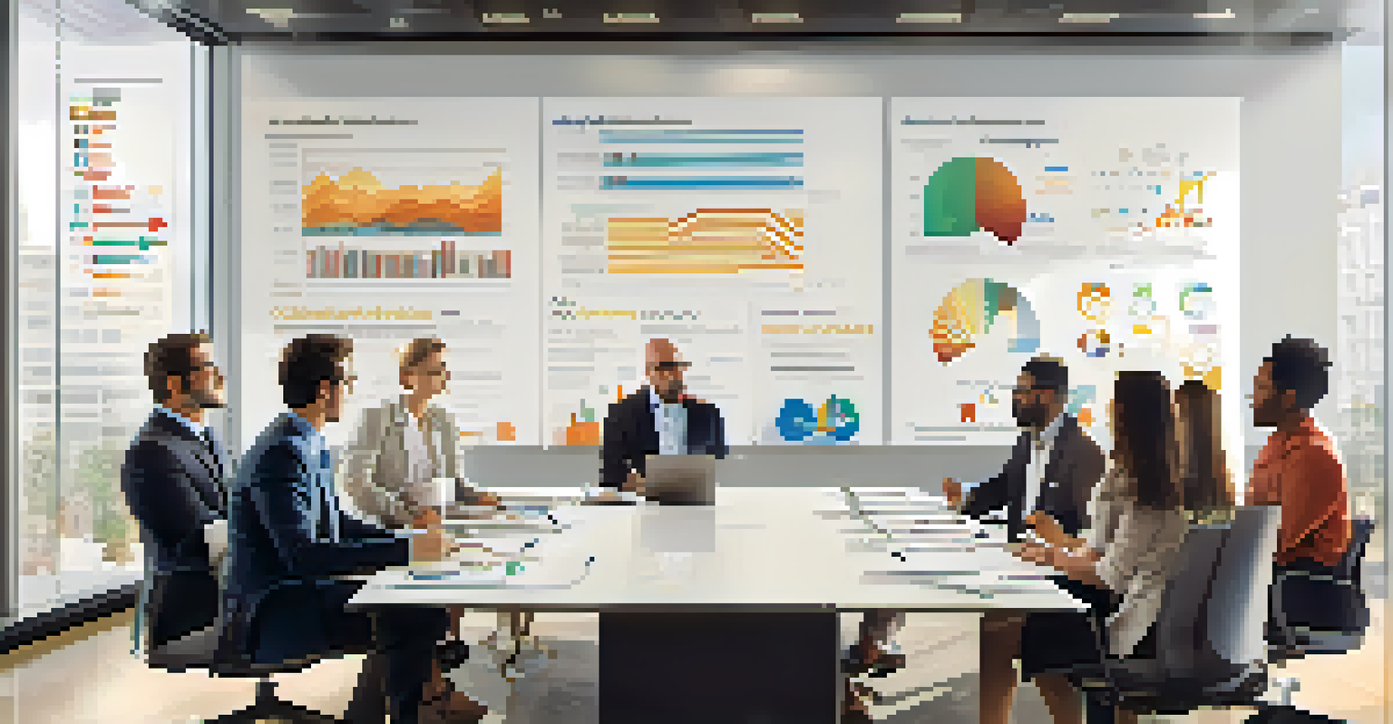A diverse group of professionals in a meeting room discussing ethical marketing strategies, surrounded by natural light and informative charts.