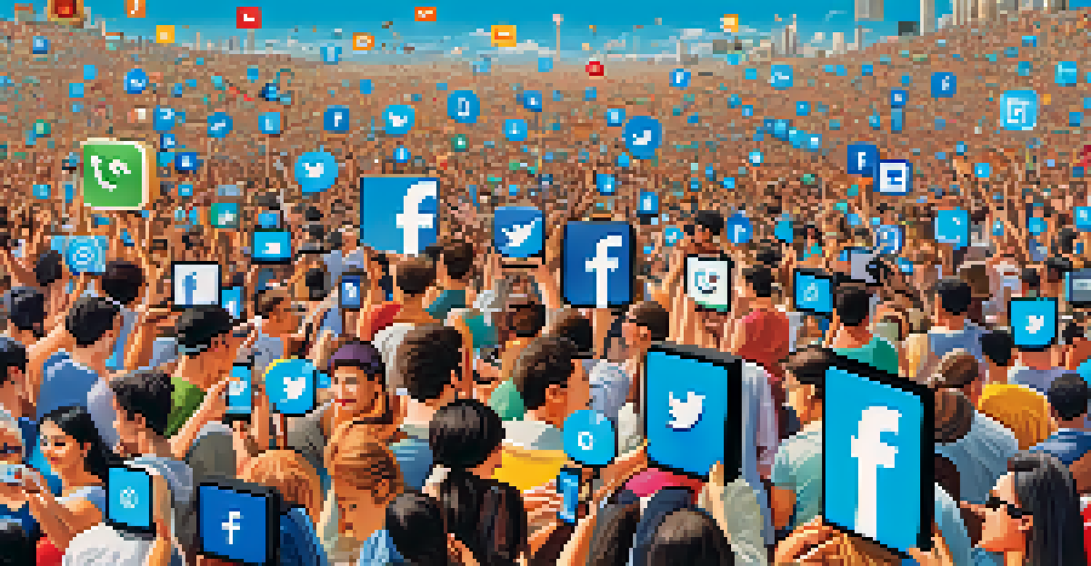 A vibrant marketplace filled with social media icons and people engaging with digital content under a bright sky.