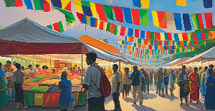A lively international trade fair with local vendors and colorful stalls, flags of various countries in the background.