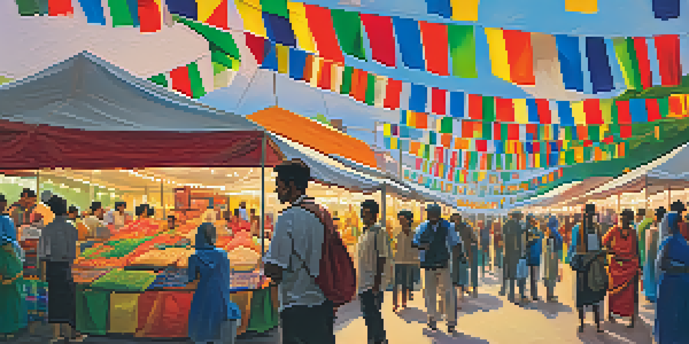 A lively international trade fair with local vendors and colorful stalls, flags of various countries in the background.