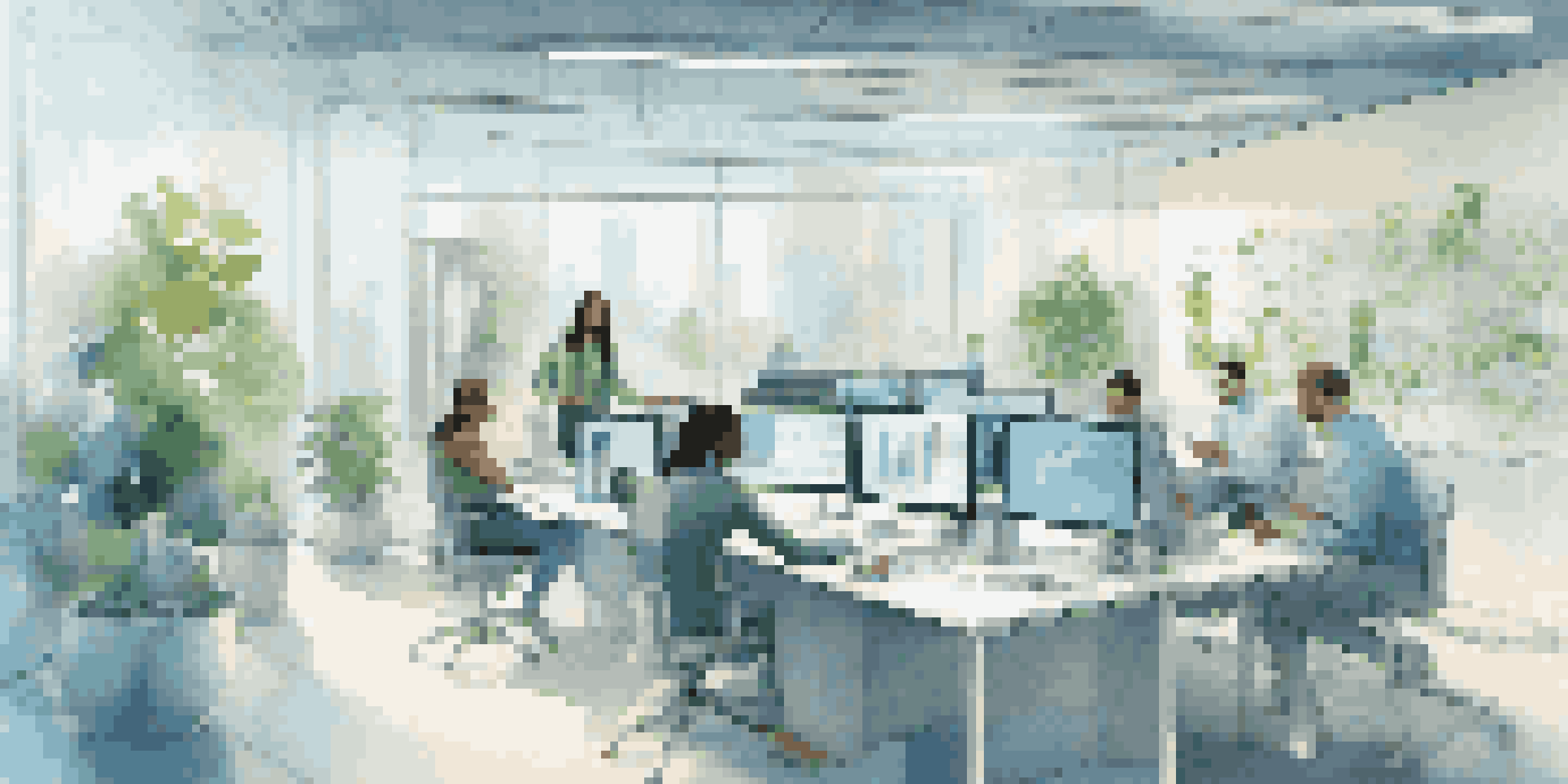 A diverse group of employees working together in a modern office with a digital screen showing data analytics.