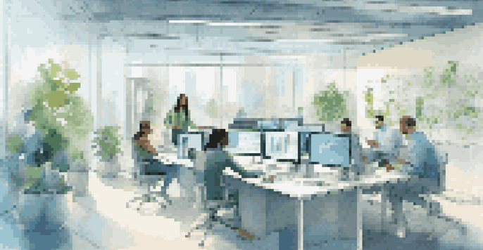 A diverse group of employees working together in a modern office with a digital screen showing data analytics.