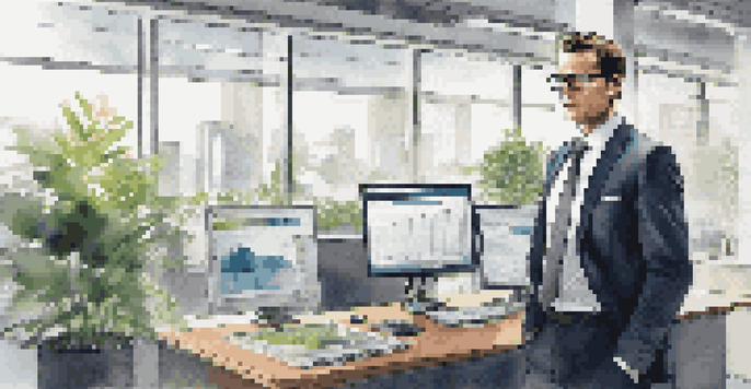 A business professional in an office analyzing regulatory documents on digital screens, with natural light illuminating the space and a modern design.