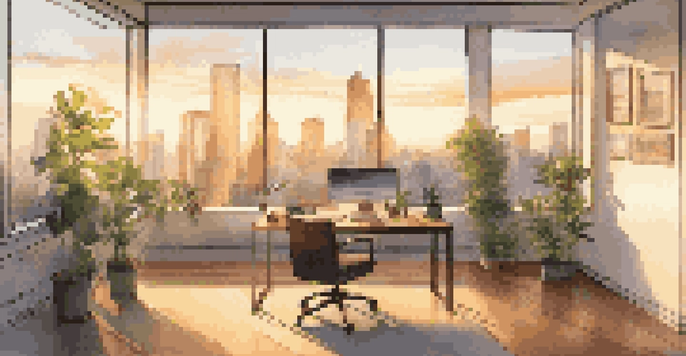 A modern office with a view of a city skyline at sunset, featuring a desk with a laptop and plants.