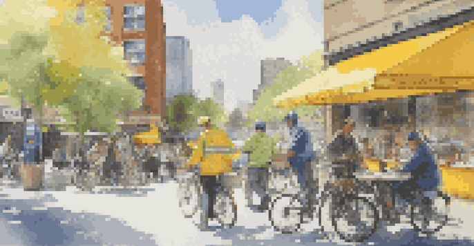 A lively city street with a delivery cyclist in yellow and a person using a tablet at a café, surrounded by modern buildings and a clear blue sky.