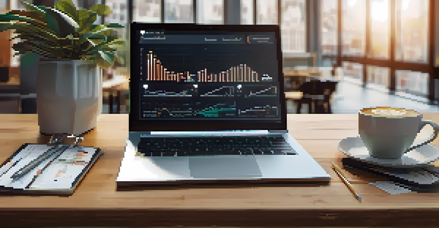 A laptop screen showing analytics and SEO metrics in a cozy workspace with stationery and a coffee cup.