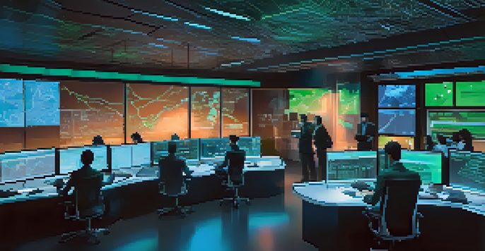 A high-tech cybersecurity control room with diverse professionals analyzing data on multiple screens under blue and green neon lights.