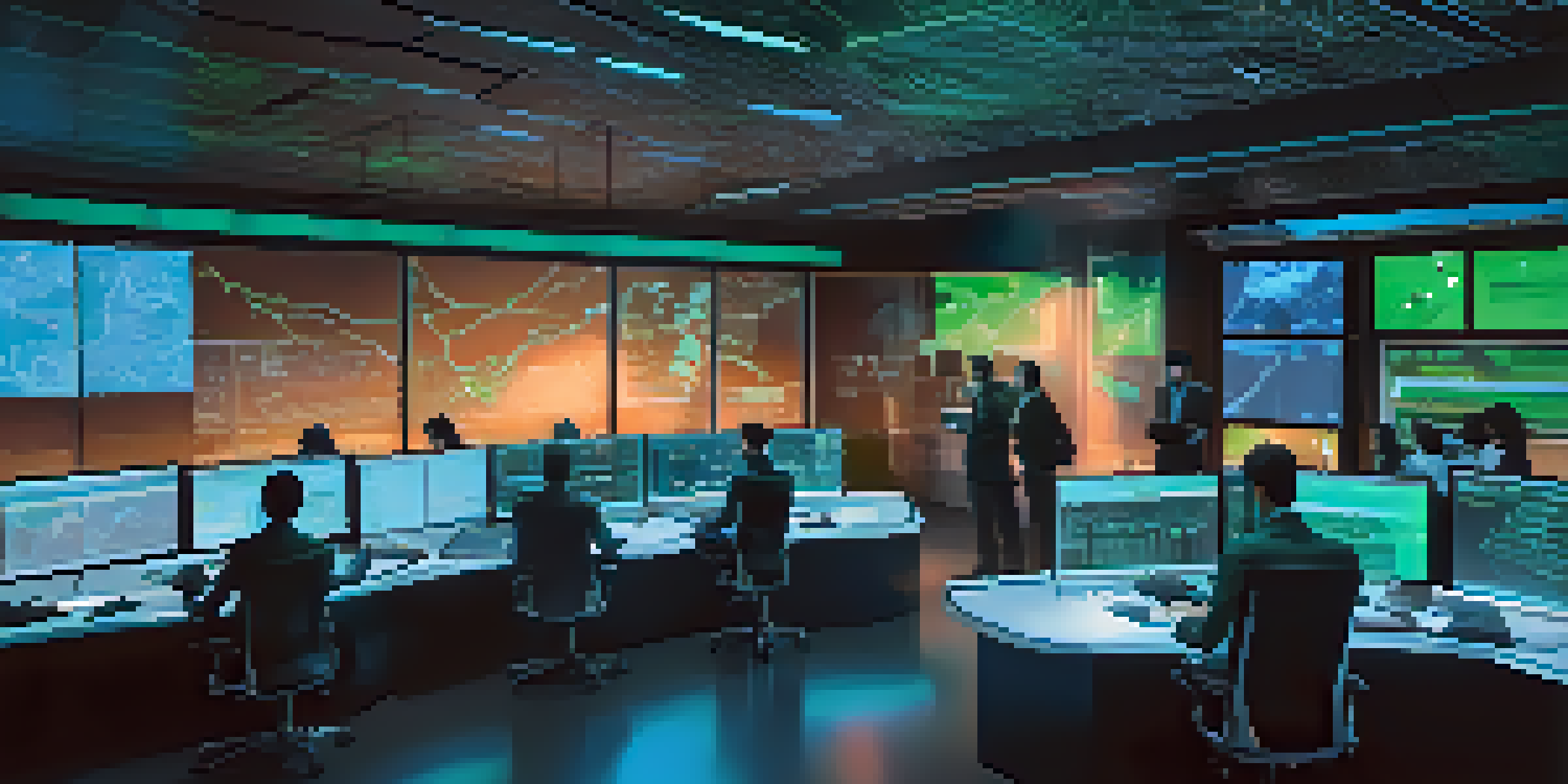 A high-tech cybersecurity control room with diverse professionals analyzing data on multiple screens under blue and green neon lights.
