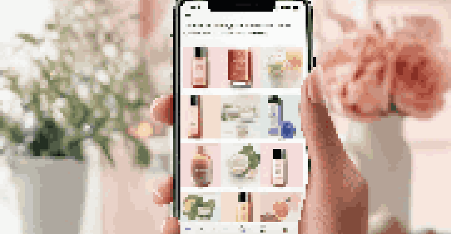 A close-up view of a smartphone displaying a user-generated content gallery featuring skincare product posts.