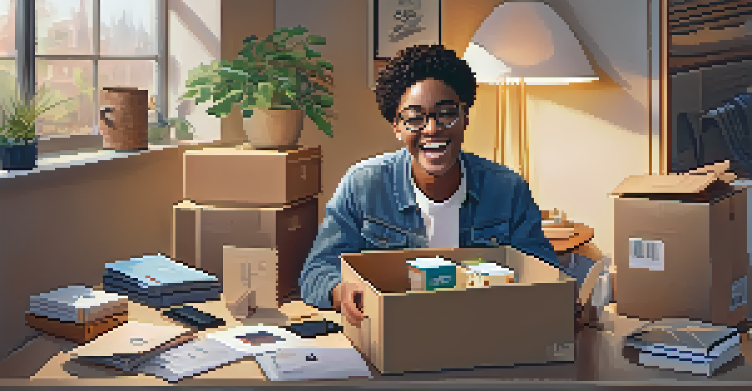A person joyfully unboxing a subscription package at a desk filled with gadgets and a laptop in a warmly lit room.