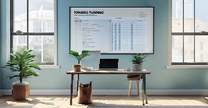 A modern office desk with a laptop displaying a cash flow forecast, a plant, and soft natural light coming through a large window.