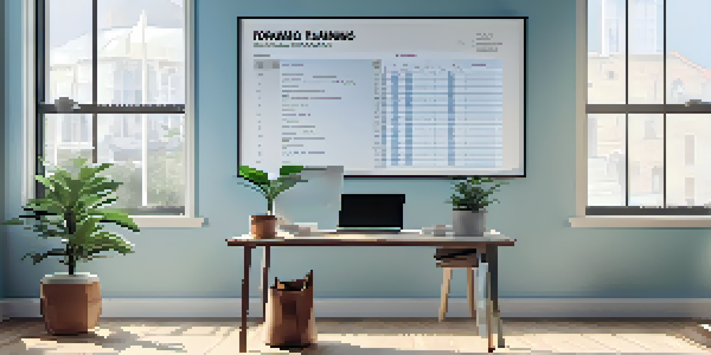 A modern office desk with a laptop displaying a cash flow forecast, a plant, and soft natural light coming through a large window.