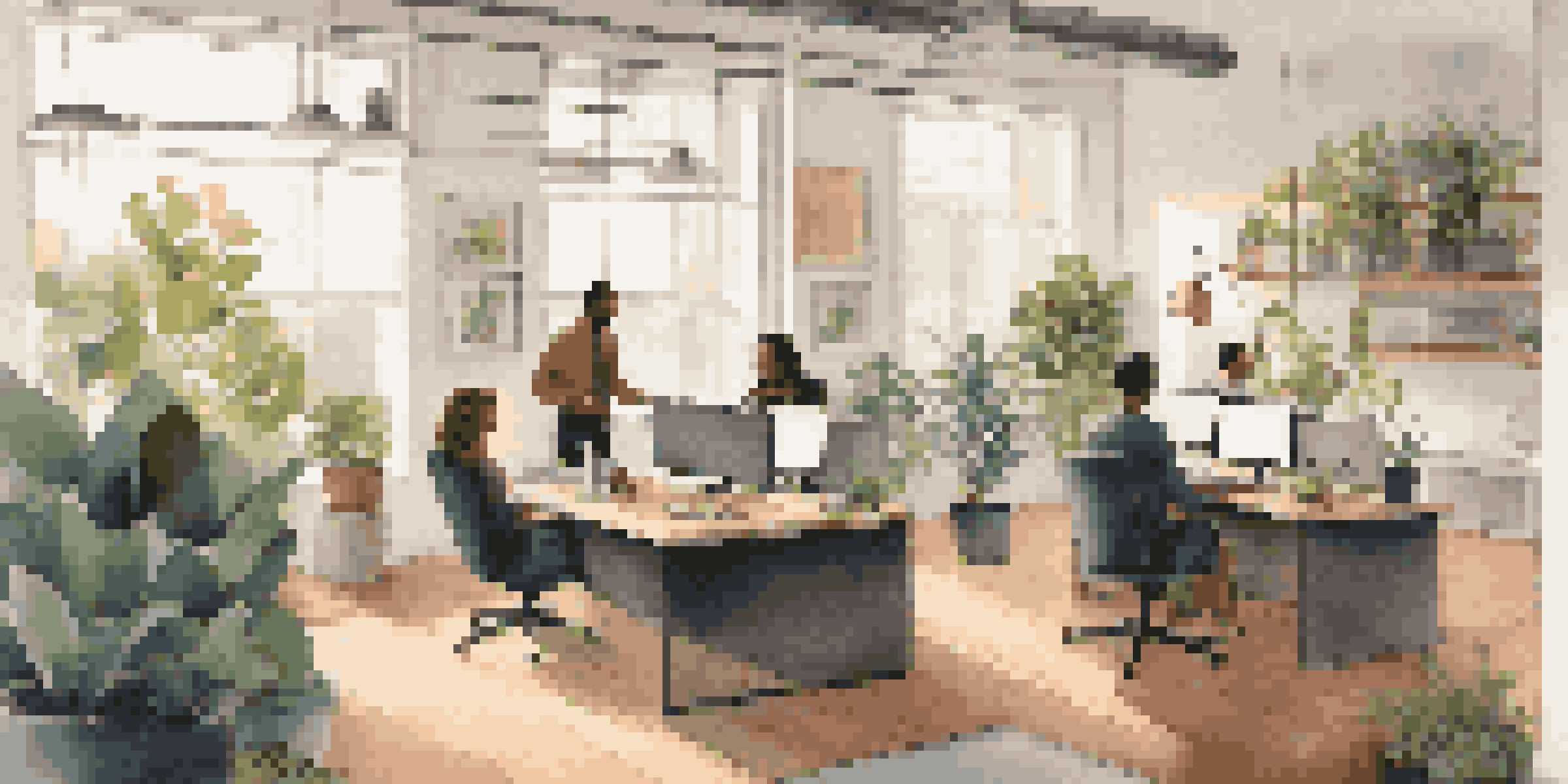 A cozy home office with employees using laptops, surrounded by plants and warm lighting, illustrating a flexible work environment.
