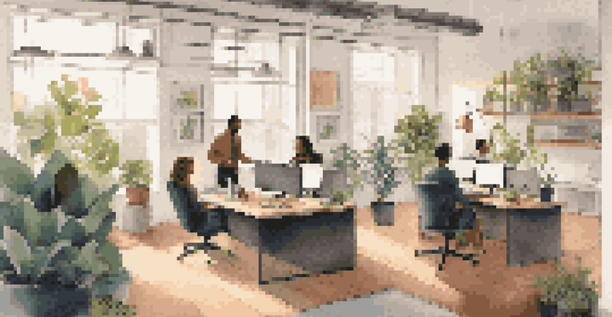 A cozy home office with employees using laptops, surrounded by plants and warm lighting, illustrating a flexible work environment.