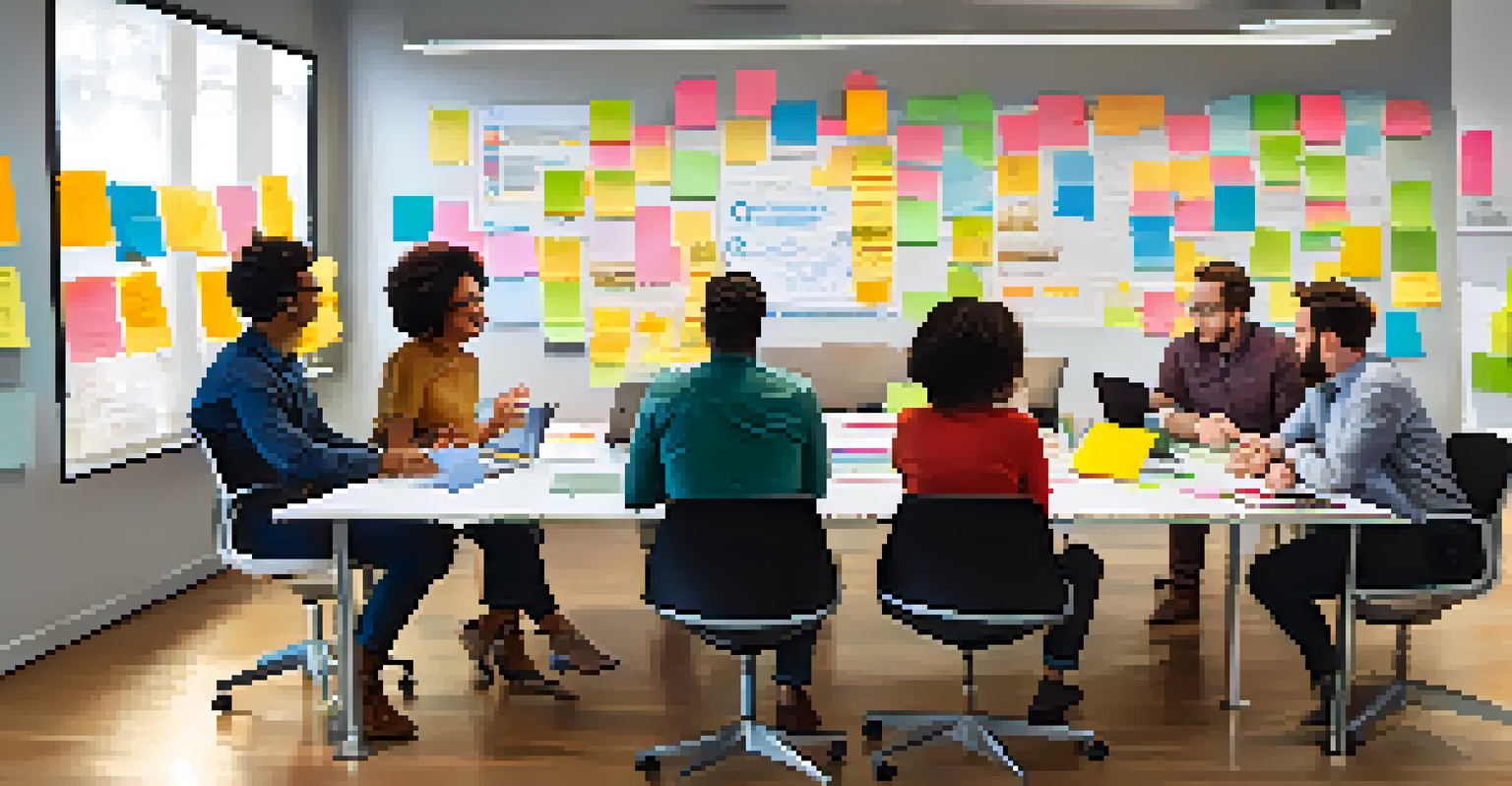 A diverse team brainstorming around a table with post-it notes and laptops, illuminated by natural light, in a collaborative setting.