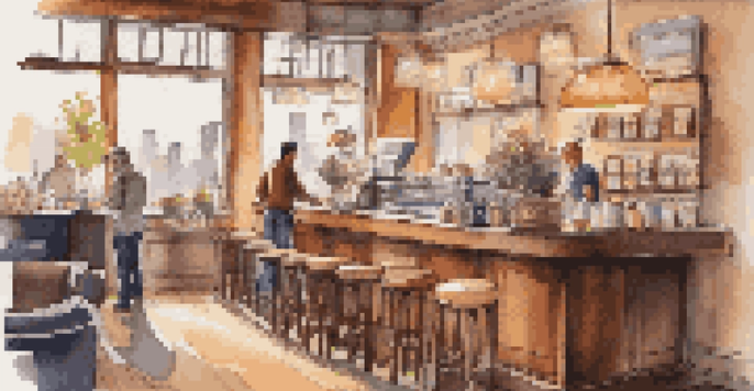 Interior of a cozy coffee shop with wooden furniture and warm lighting, a barista making coffee, and colorful artwork on the walls.