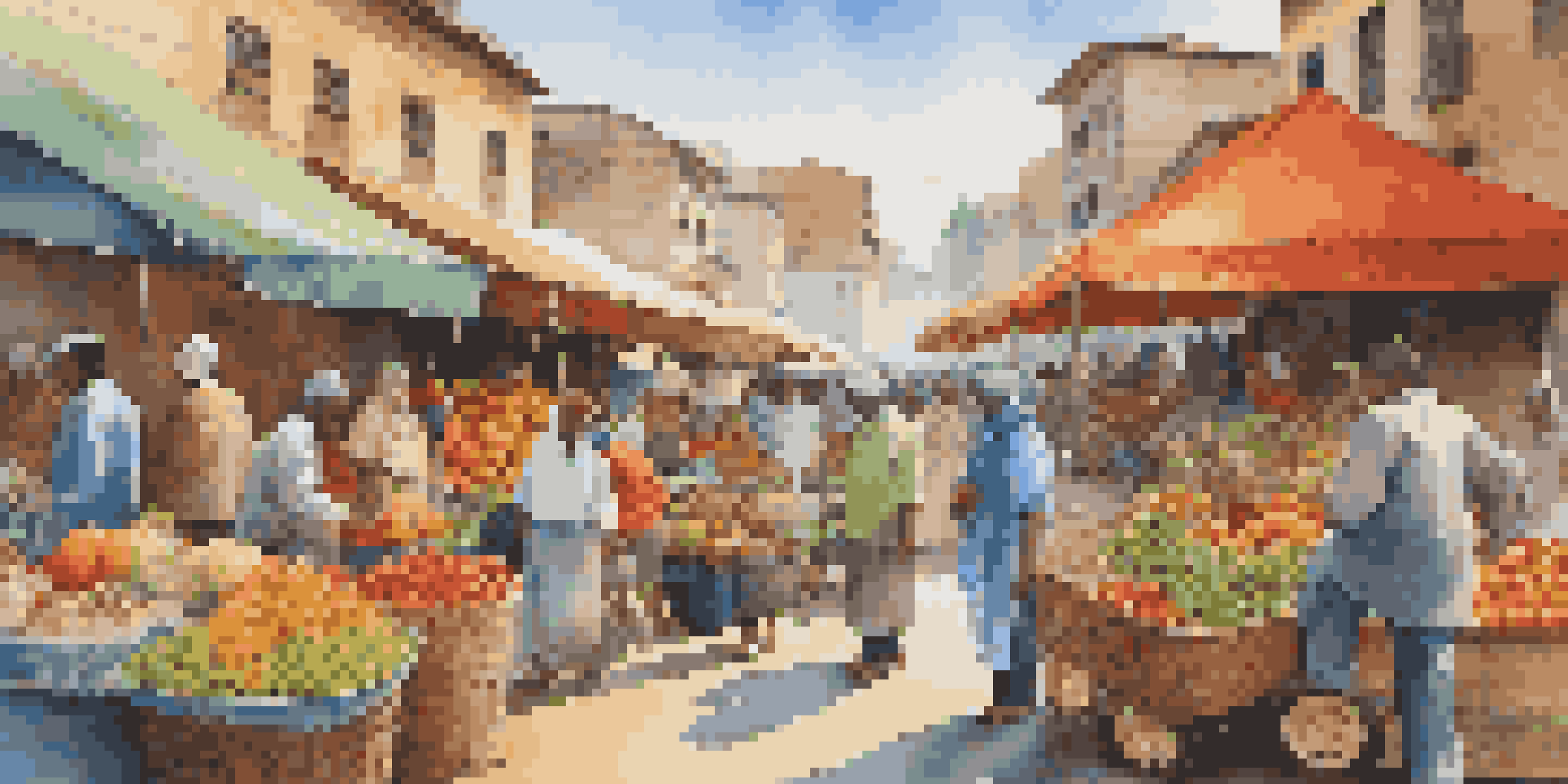 A lively international market with various vendors selling colorful produce and textiles, filled with people interacting and shopping under a bright sky.