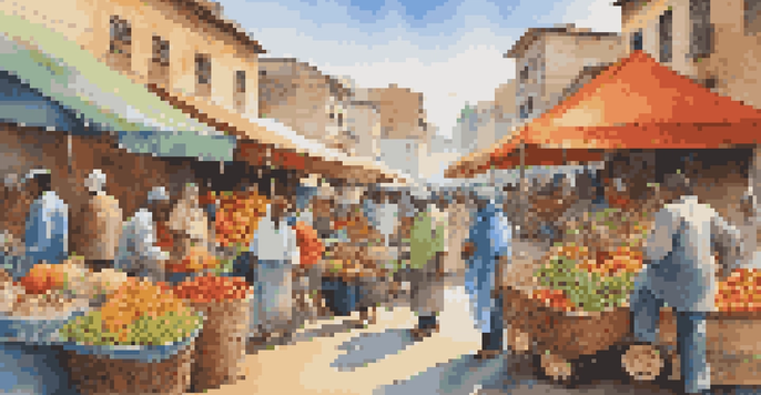 A lively international market with various vendors selling colorful produce and textiles, filled with people interacting and shopping under a bright sky.