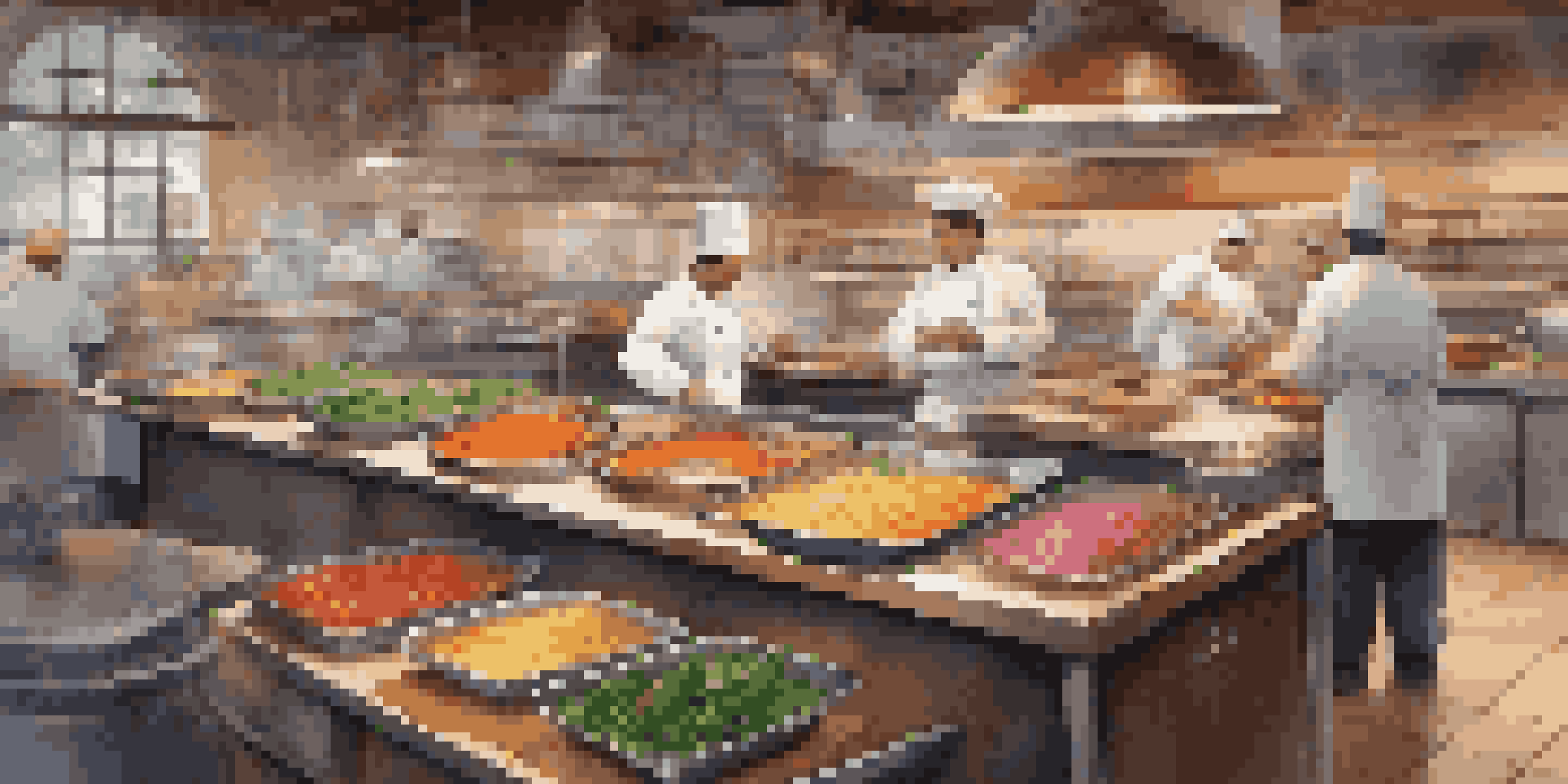A busy restaurant kitchen with chefs cooking, fresh ingredients on counters, and a digital screen showing inventory data.
