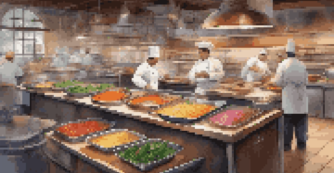 A busy restaurant kitchen with chefs cooking, fresh ingredients on counters, and a digital screen showing inventory data.